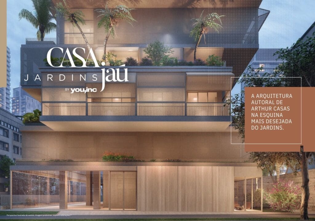 Imagem ilustrativa do empreendimento. Mostra o acesso do Casa Jardins Jau da You Incorporadora com seu paisagismo.