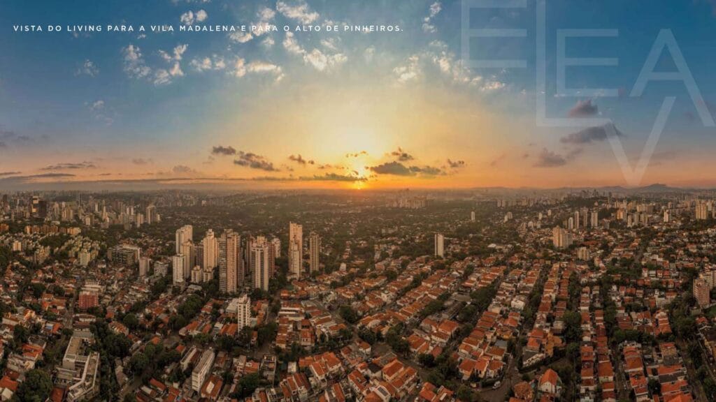 Imagem ilustrativa da vista do empreendimento com apartamento de alto padrão na Vila Madalena. Mostrando o por do sol, e os imóveis da região de uma altura incrível.
