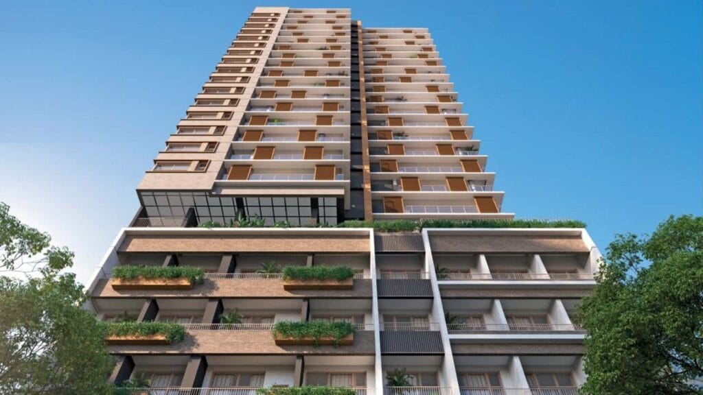 Imagem ilustrativa da torre do empreendimento Alto Paraíso da You Incorporadora. Mostrando as varandas e o paisagismo.