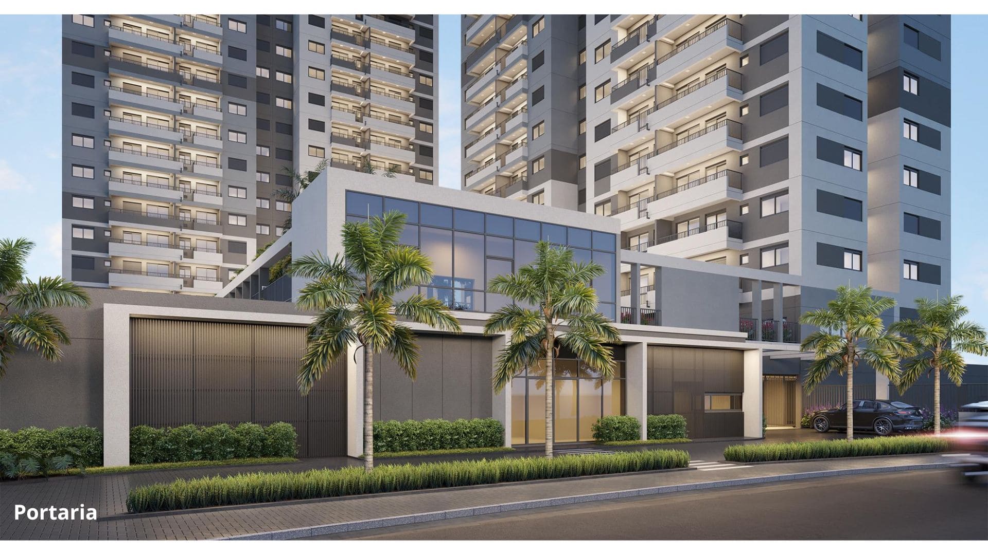 Imagem ilustrativa da entrada do empreendimento Moved Osasco. Vista da fachada com o acesso.