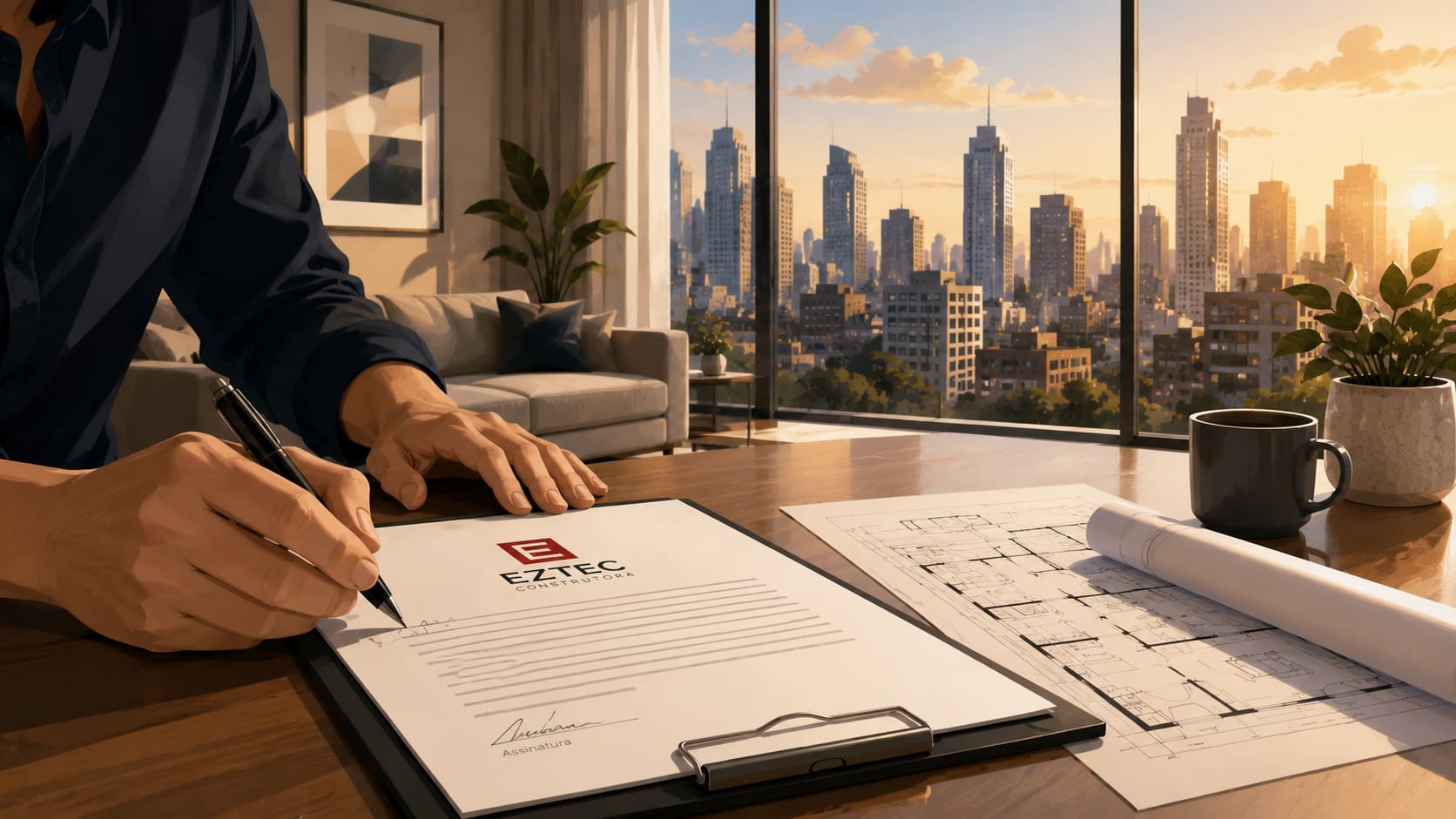 Imagem ilustrativa de uma assinatura de contrato salientando que a Construtora Eztec é confiável