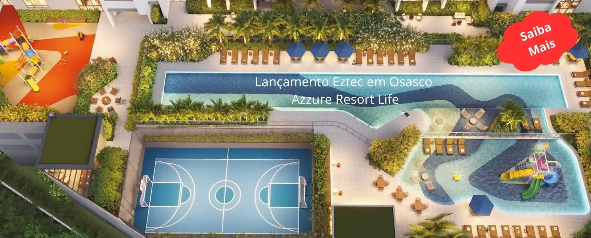 Imagem ilustrativa do sobrevoo do lazer do empreendimento Azzure Resort Life da Construtora Eztec